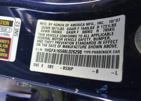 2008 Honda Civic Lx z USA, uszkodzony, nr VIN 1HGFA16598L026298